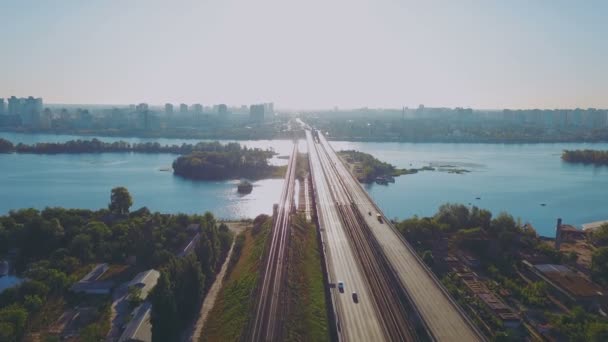 Aerial View Large Freeway Interchange Cars Railway — Stock Video