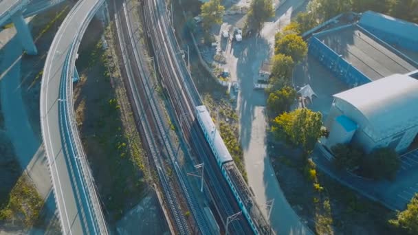 Aerial View Large Freeway Interchange Cars Railway — Stock Video