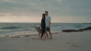 köpek ile sahilde yürüyen genç mutlu çift