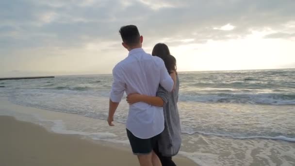 Junges Glückliches Paar Spaziert Strand — Stockvideo