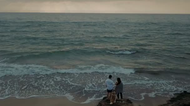 Воздушный Вид Молодой Счастливой Пары Гуляющей Пляжу Хаски Догом — стоковое видео