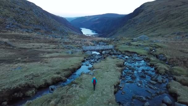 アイルランド ウィックロー山地の川の近くハイキング バックパック女性ハイカーの航空写真 — ストック動画