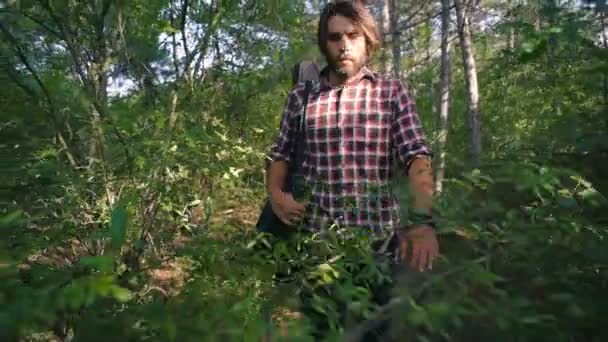 Hombre Con Guitarra Caminando Bosque — Vídeos de Stock