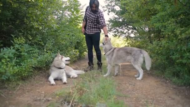 Homem Com Guitarra Tocando Com Dois Cães Husky Siberianos Floresta — Vídeo de Stock