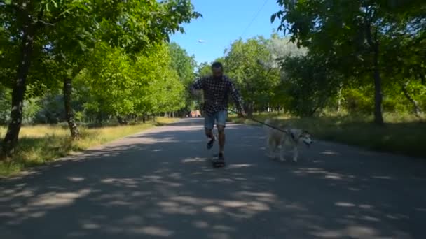 Homem Skate Com Cão Siberiano Parque Patinagem Com Cão — Vídeo de Stock