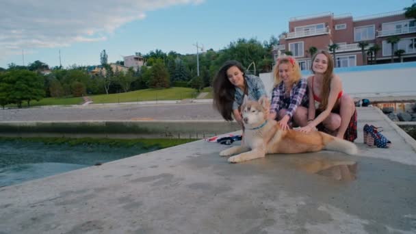 Trois Filles Sur Plage Amusent Avec Chien Husky Sibérien Amis — Video