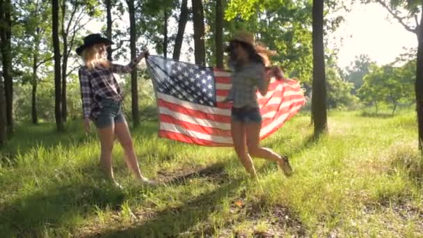 Duas Meninas Parque Divertindo Com Bandeira Dos Eua Amigos Comemorando — Vídeo de Stock