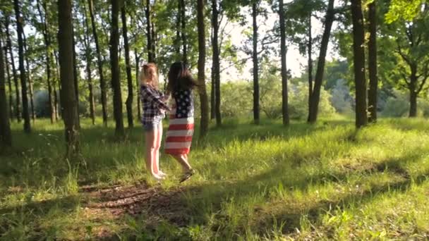 Δύο Κορίτσια Στο Πάρκο Διασκεδάζοντας Σημαία Των Ηπα Φίλοι Που — Αρχείο Βίντεο