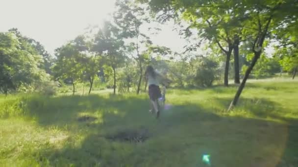 在公园里玩西伯利亚哈士奇狗的年轻女性 — 图库视频影像