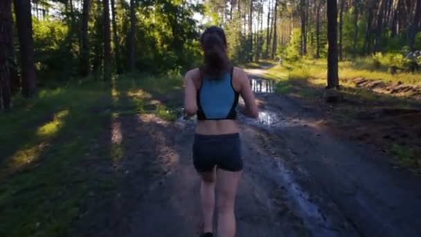Jovem Fêmea Desportiva Correndo Floresta Perto Lago Durante Pôr Sol — Vídeo de Stock