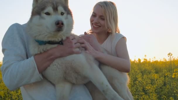 Gelukkig Jong Koppel Met Husky Hond Geel Groene Verkrachting Weide — Stockvideo