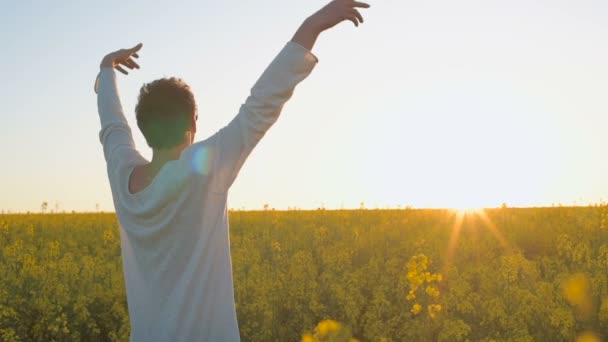 Happy Young Man Have Fun Yellow Green Rape Meadow — Stock Video