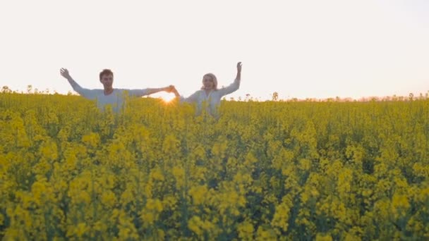 Jovem Casal Feliz Prado Estupro Verde Amarelo — Vídeo de Stock