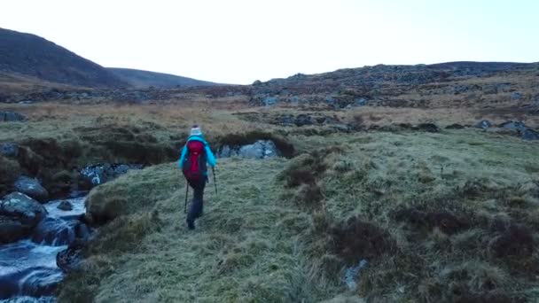 Luftaufnahme Einer Wanderin Mit Einem Rucksack Die Der Nähe Des — Stockvideo