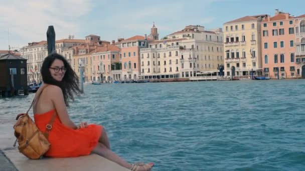 Young Beautiful Female Enjoying View Grand Canal Venice Italy — Stock Video