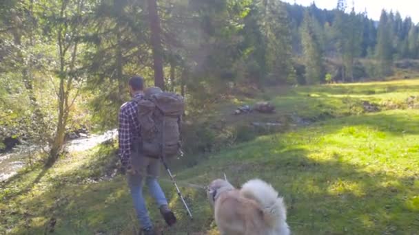 Man Met Rugzak Siberische Husky Hond Wandelen Buurt Van Rivier — Stockvideo