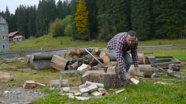 Man Chopping Wood Outdoor — Stock Video