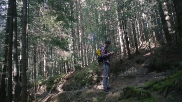 男摄影师在森林里徒步旅行拍照 — 图库视频影像