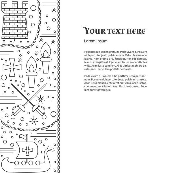 Flyer, poster sjabloon met middeleeuwse lijn pictogrammen — Stockvector