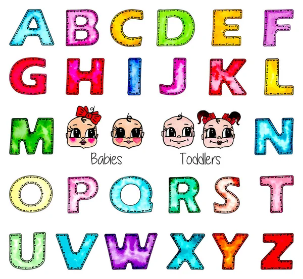 Watercolor kids alphabet isolated, boy, girl faces — Stock Vector