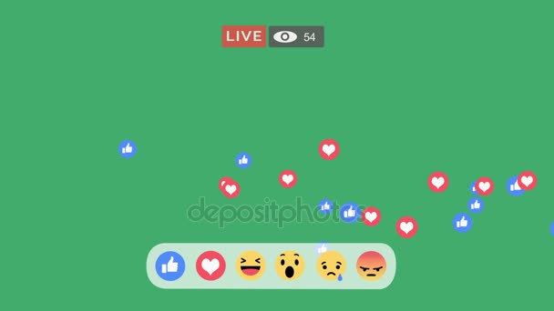 Interfaz de pantalla en vivo: reacciones positivas solo emoji en la transmisión de vídeo en vivo con contador de espectadores subiendo en el canal alfa . — Vídeo de stock