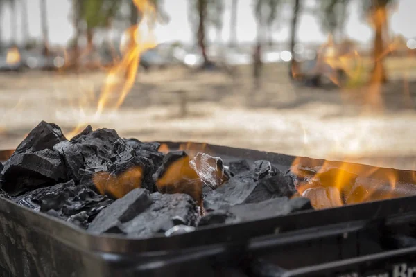 Carvões são queimados em uma churrasqueira — Fotografia de Stock