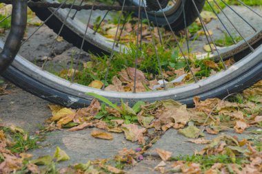 Bisiklet tekerlekleri kaldırım üzerinde birçok kuru yaprakları ile sonbahar da