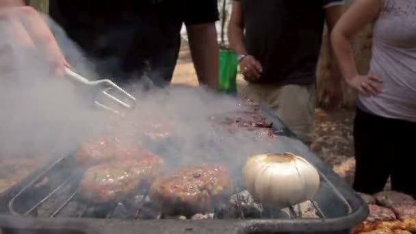 Barbecue beef kebabs cooking on hot grill — Stock Video