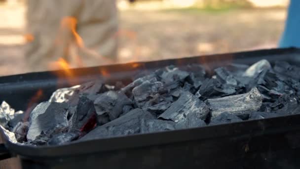 Los carbones se queman en una parrilla de barbacoa — Vídeo de stock