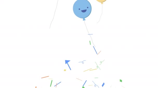 Animace barevné balónky a konfety praskla izolované bílým pozadím
