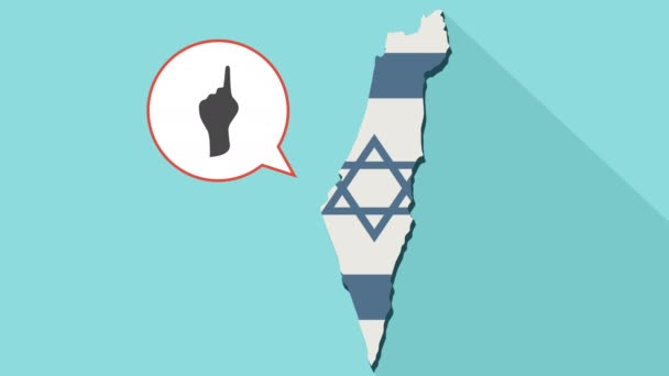 Animazione di una lunga mappa dell'ombra di Israele con la sua bandiera e un palloncino comico con un dito puntato — Video Stock
