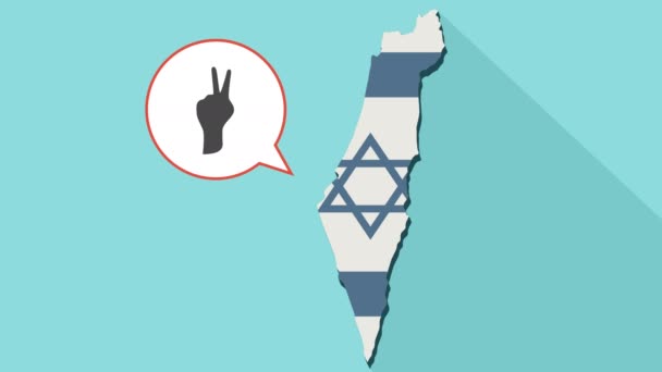 Animatie van een lange schaduw Israël kaart met hun eigen vlag en een komische ballon met een V-hand-teken — Stockvideo