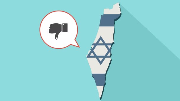 Animação de um mapa de Israel de sombra longa com a sua bandeira e um balão cômico com um polegar para baixo mão - antipatia — Vídeo de Stock