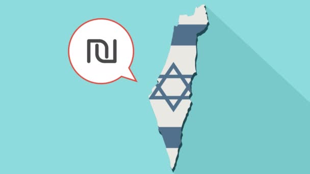 Animación de un mapa de sombra larga de Israel con su bandera y un globo cómico con un nuevo signo de shekel israelí — Vídeos de Stock