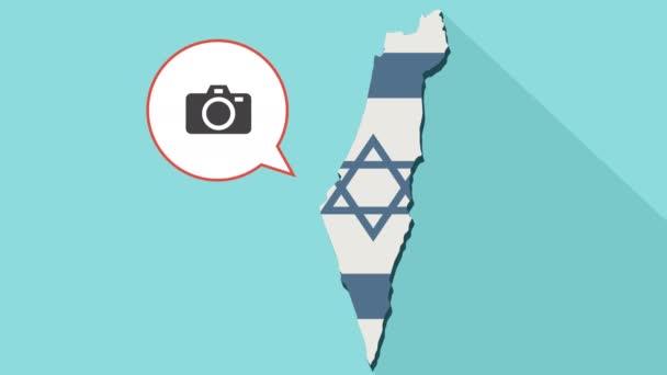 Animering av en lång skugga Israel karta med dess flagga och en komisk ballong med en fotokamera — Stockvideo