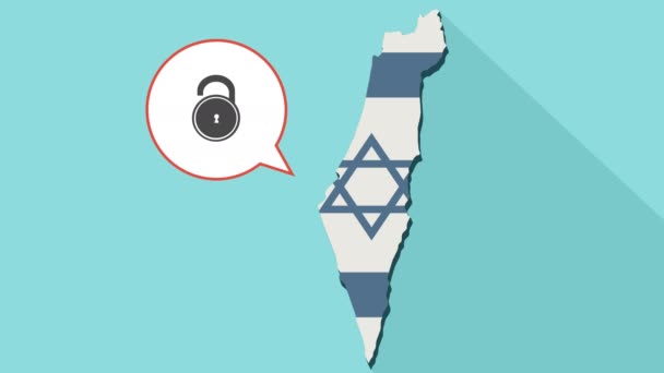 Animatie van een lange schaduw Israël kaart met hun eigen vlag en een komische ballon met een zeem open slot — Stockvideo