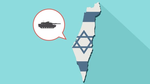 Animazione di una lunga mappa dell'ombra di Israele con la sua bandiera e un fumetto con un carro armato da combattimento — Video Stock