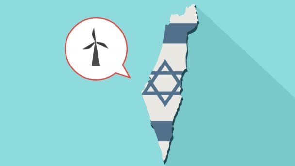 Animação de um mapa de Israel de longa sombra com sua bandeira e um balão cômico com uma turbina eólica — Vídeo de Stock