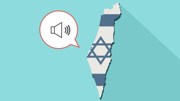 Animação de um mapa de Israel de longa sombra com sua bandeira e um balão cômico com um sinal de volume de alto-falante — Vídeo de Stock