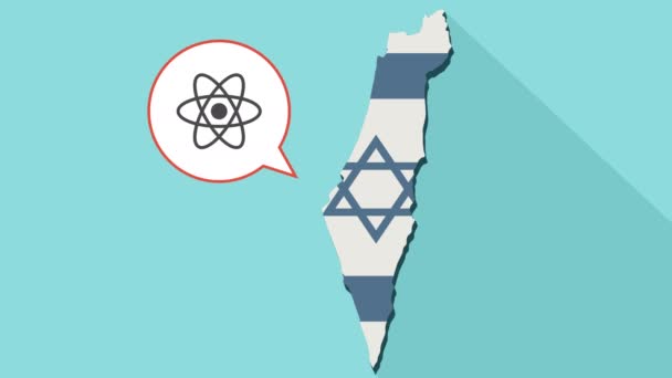 Animação de um mapa de Israel de longa sombra com sua bandeira e um balão cômico com um átomo — Vídeo de Stock