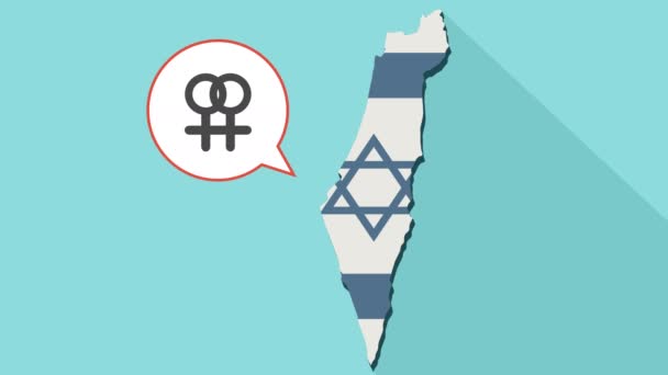 Animazione di una lunga mappa dell'ombra di Israele con la sua bandiera e un palloncino comico con segni sessuali femminili e femminili intrecciati - segno lesbico — Video Stock