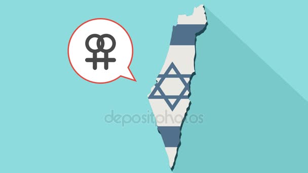 Animation d'une longue carte de l'ombre d'Israël avec son drapeau et un ballon comique avec des signes sexuels féminins et féminins entrelacés - signe lesbien — Video