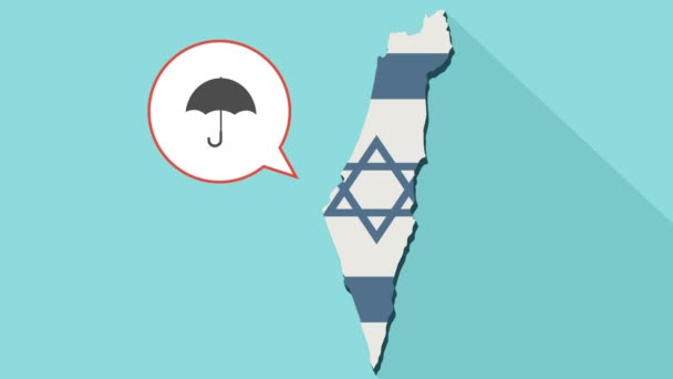 Animation of a long shadow Israel map with its flag and a comic balloon with a umbrella — Stock Video