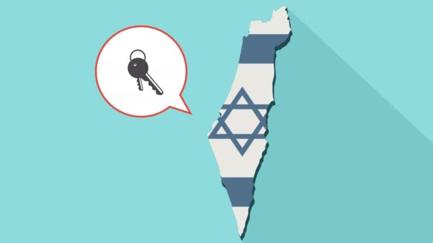 Animation of a long shadow Israel map with its flag and a comic balloon with keys — Stock Video