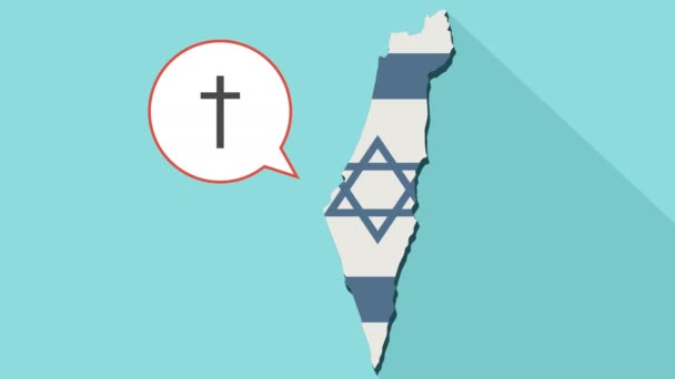 Animation eines langen Schattens israel map mit seiner Flagge und einem Comic-Ballon mit christlichem Kreuz — Stockvideo