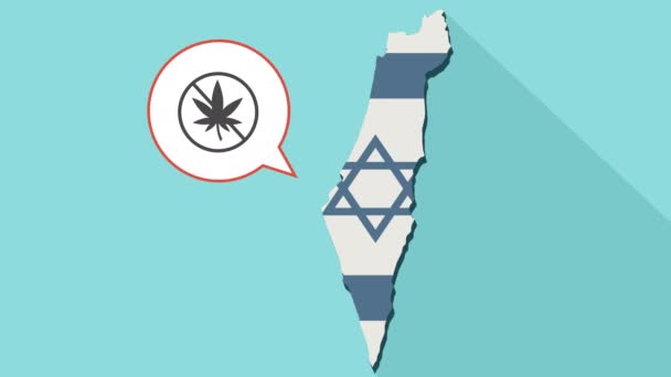 Animación de un mapa de sombra larga de Israel con su bandera y un globo cómico con una hoja de marihuana en una señal no permitida — Vídeos de Stock