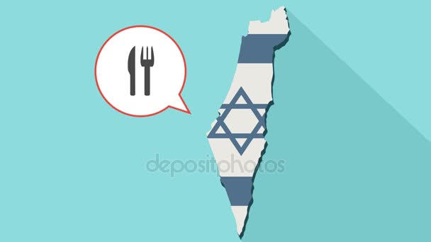 Animazione di una lunga mappa dell'ombra di Israele con la sua bandiera e un palloncino comico con una posata — Video Stock