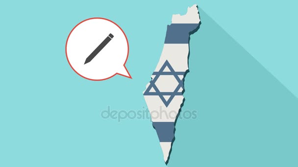 Animation of a long shadow Israel map with its flag and a comic balloon with a pencil — Stock Video