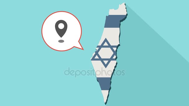 Animatie van een lange schaduw Israël kaart met hun eigen vlag en een komische ballon met een kaart-Merkteken — Stockvideo
