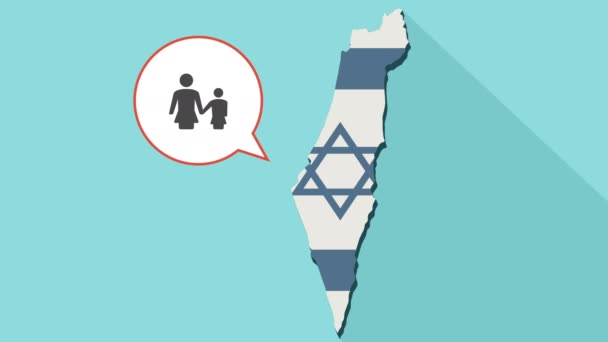 Анимация длинной теневой карты Израиля с его флагом и комическим воздушным шаром с пиктограммой семьи одиноких женщин — стоковое видео